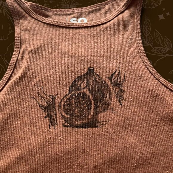 Hand-Printed Handmade Upcycled Chocolate Brown Graphic Fig Halter Tank Top - Picture 3 of 7